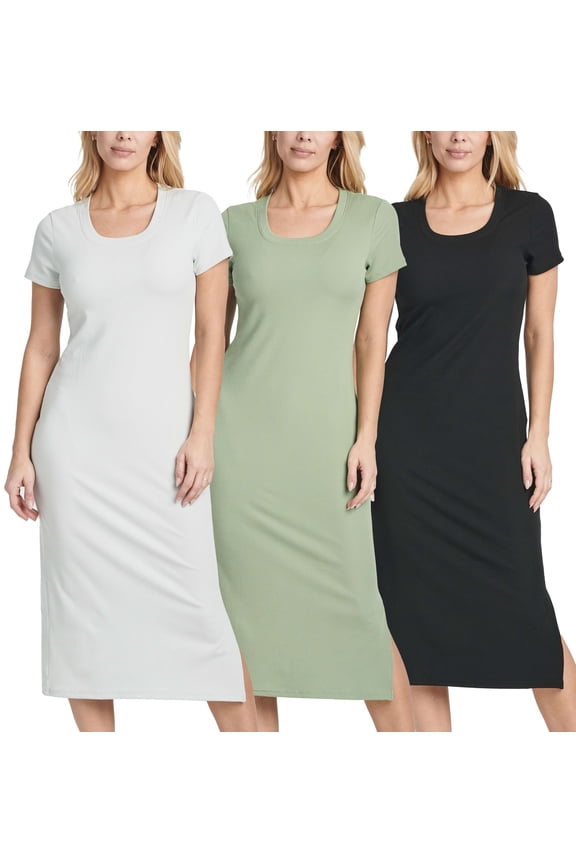 3 Pack: Women's Ribbed Jersey Crew Neck Short Sleeve Midi Length Dress With Side Slit