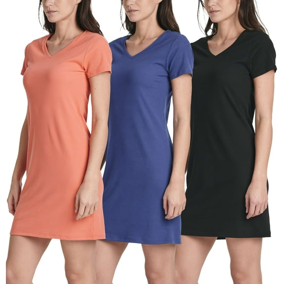 3 Pack: Women's Ribbed Knit Short-Sleeve V-Neck Swing T-Shirt Casual Dress (Available In Plus)