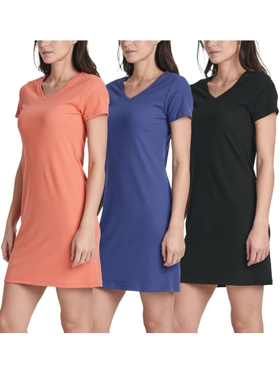 3 Pack: Women's Ribbed Knit Short-Sleeve V-Neck Swing T-Shirt Casual Dress (Available In Plus)