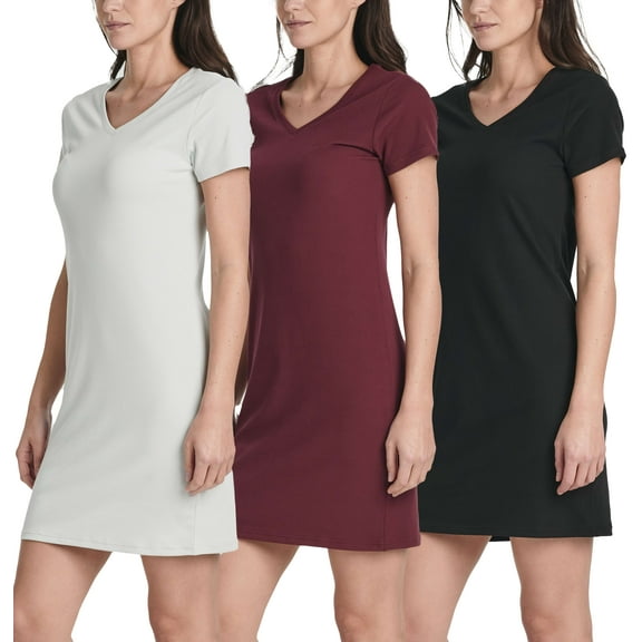 3 Pack: Women's Ribbed Knit Short-Sleeve V-Neck Swing T-Shirt Casual Dress (Available In Plus)