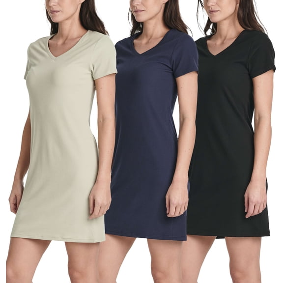 3 Pack: Women's Ribbed Knit Short-Sleeve V-Neck Swing T-Shirt Casual Dress (Available In Plus)