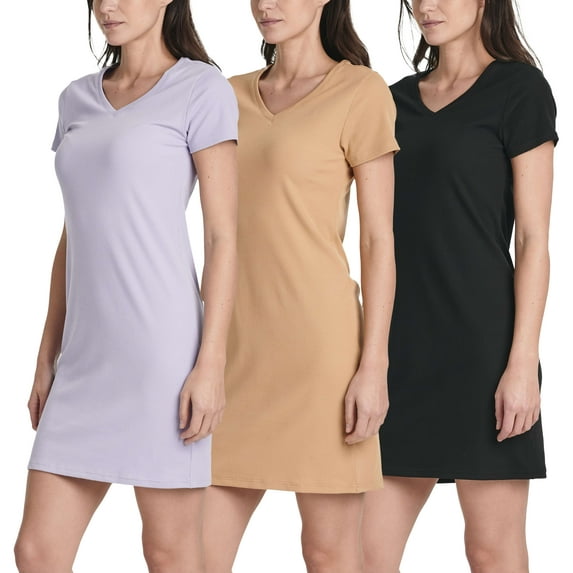 3 Pack: Women's Ribbed Knit Short-Sleeve V-Neck Swing T-Shirt Casual Dress (Available In Plus)