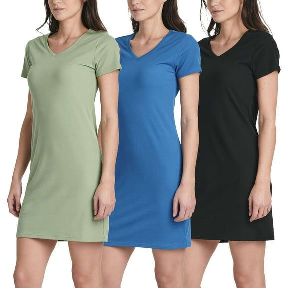 3 Pack: Women's Ribbed Knit Short-Sleeve V-Neck Swing T-Shirt Casual Dress (Available In Plus)