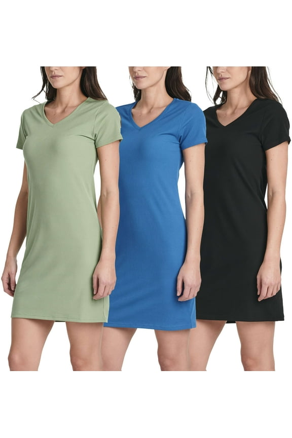 3 Pack: Women's Ribbed Knit Short-Sleeve V-Neck Swing T-Shirt Casual Dress (Available In Plus)
