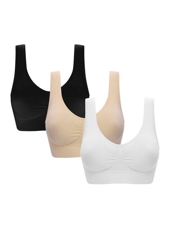 3 Pack Women's Seamless Comfortable Sports Bra,Women's Full Coverage Workout Sports Bra Low-Impact Activity Bras with Removable Pads,Beige+White+Black(XL)