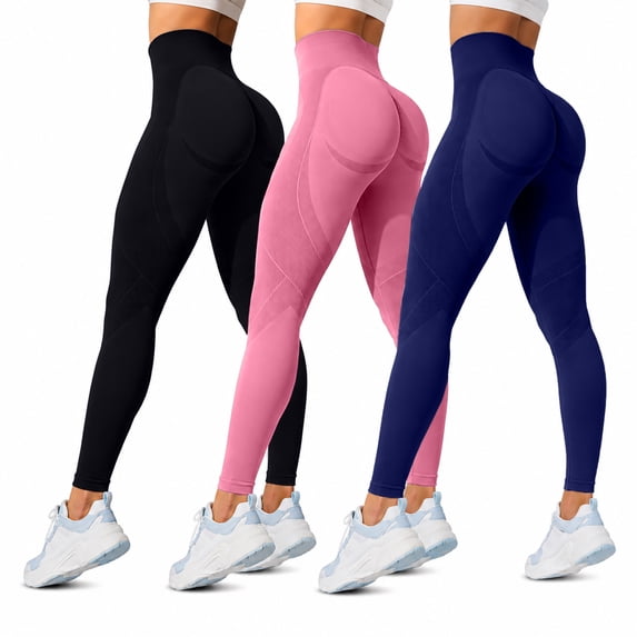 3 Pack Women's Seamless High Waist Leggings - Squat Proof, Nylon Workout Leggings, Non See Through Activewear Bottoms-Perfect for Workout, Running, All-Day Lounging - Black+Pink+Blue, Large