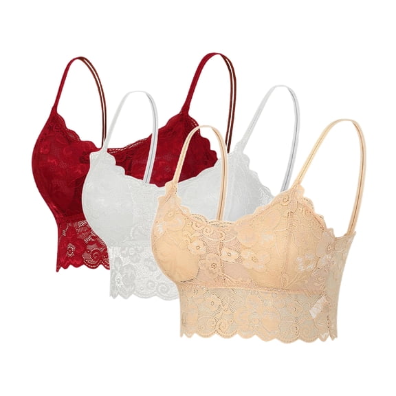 3 Pack Women's Seamless Lace Bras, Floral Lace Trim Wireless Bra with Adjustable Spaghetti Straps V Neck Bras Comfort Full Coverage Bras Solid Everyday Bras for Women, S-2XL
