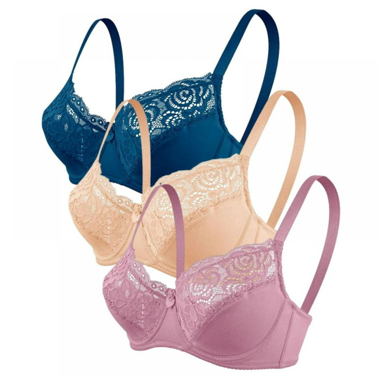 3 Pack Women's Sexy Lace Bra Solid Underwire Push Up Plus Size Bra  Adjustment Type Poly Lace Underwear Soft Breathable Gathered Bra 
