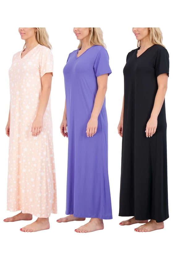 3 Pack: Women's Soft Maxi Long Nightshirt Short Sleeve Soft Nightgown Sleep Dress (Available in Plus Size)