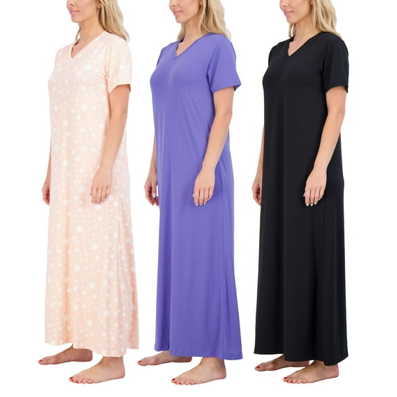 Real Essentials 3 Pack: Women's Soft Maxi Long Nightshirt Short Sleeve Soft Nightgown Sleep Dress (Available in Plus Size)