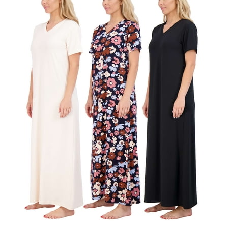 Real Essentials 3 Pack: Women's Soft Maxi Long Nightshirt Short Sleeve Soft Nightgown Sleep Dress (Available in Plus Size)