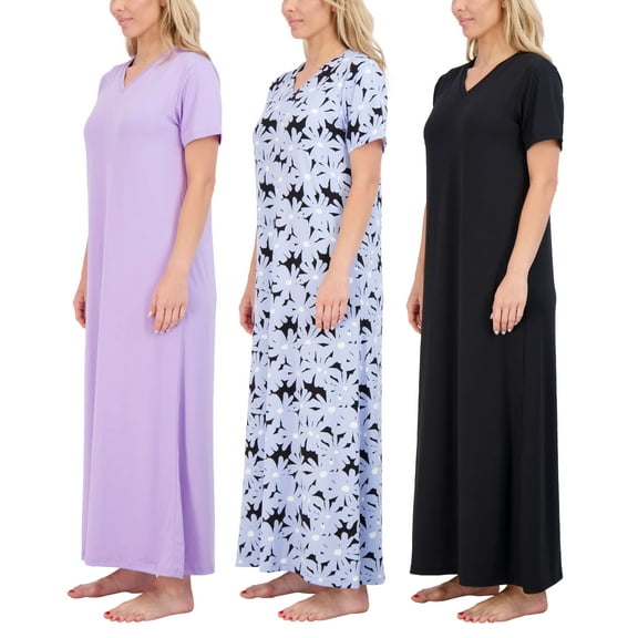 Real Essentials 3 Pack: Women's Soft Maxi Long Nightshirt Short Sleeve Soft Nightgown Sleep Dress (Available in Plus Size)