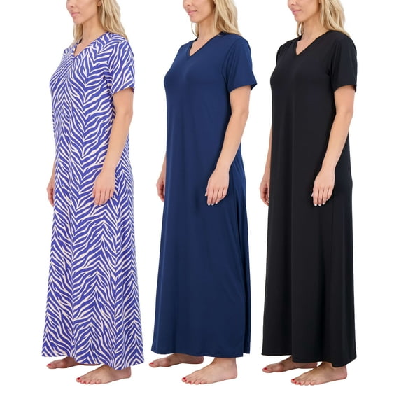Real Essentials 3 Pack: Women's Soft Maxi Long Nightshirt Short Sleeve Soft Nightgown Sleep Dress (Available in Plus Size)