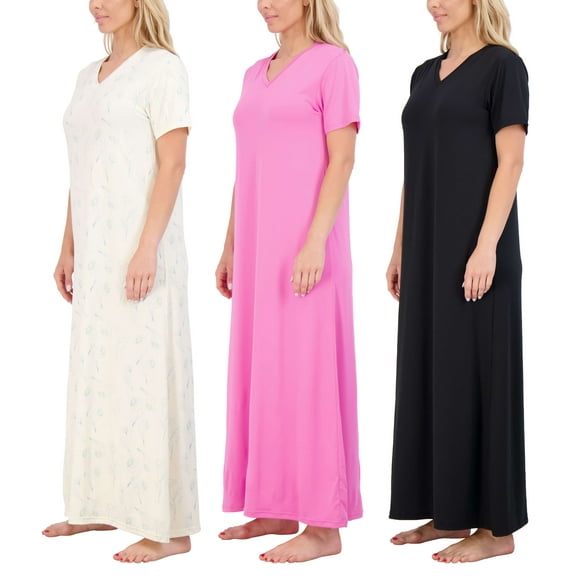 Real Essentials 3 Pack: Women's Soft Maxi Long Nightshirt Short Sleeve Soft Nightgown Sleep Dress (Available in Plus Size)
