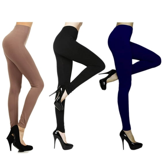 3 Pack Women's Solid Color Seamless Legging w/ 3" Waistband, Black, Navy, & Khaki