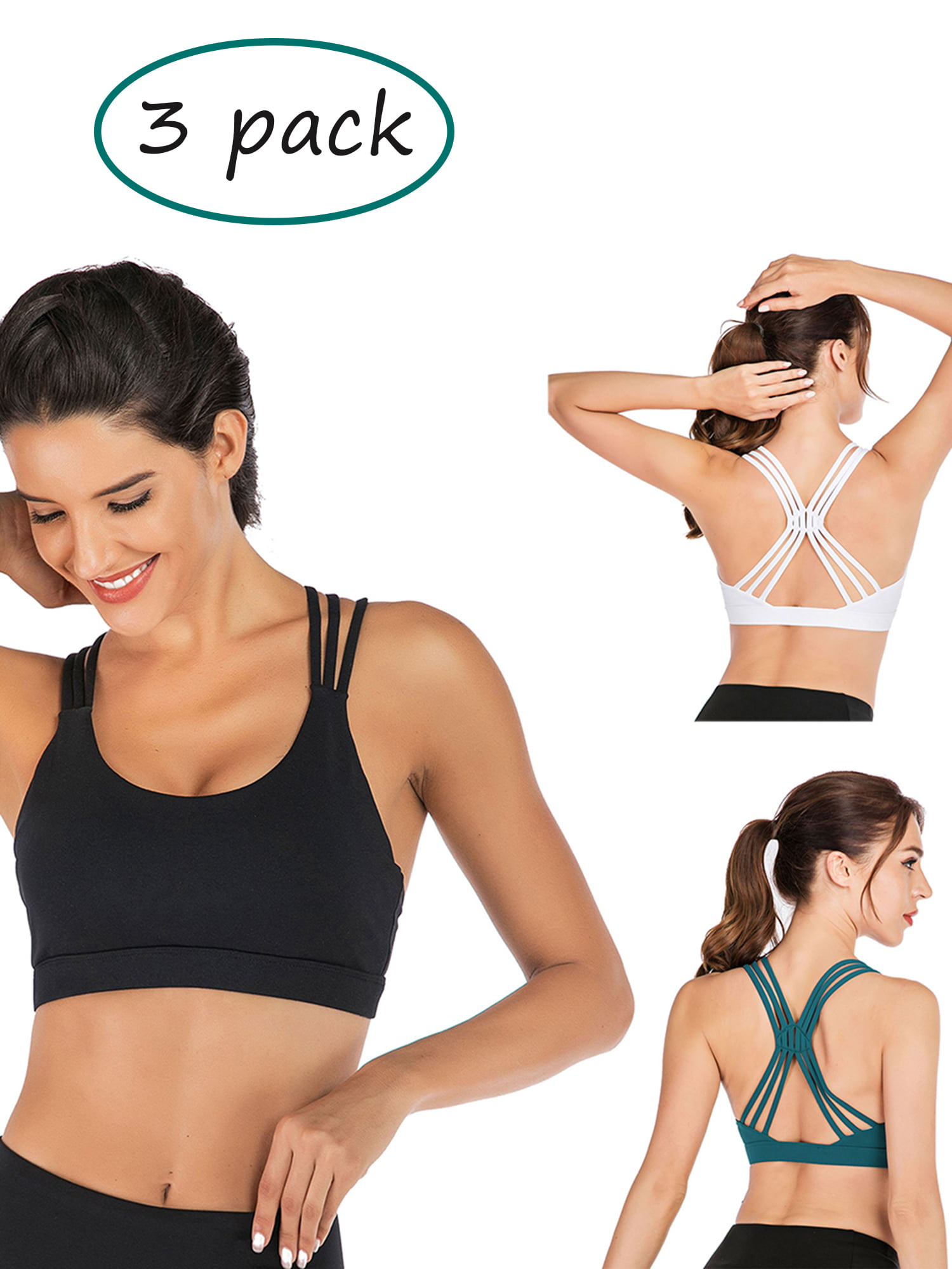 3 Pack Women's Sports Bras with Unique Cross Back Strappy Yoga Running Bras  Workout Gym Activewear Bra 