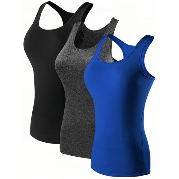 【3-Pack】Women's Sports Racerback Tank Tops - Quick-Dry Stretch Slim-Fit Gym Camisoles (Black+Gray+Blue)