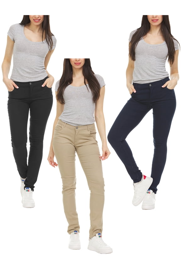 3-Pack Women's Super Stretchy Skinny 5-Pocket Uniform Soft Chino Pants