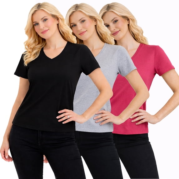 3-Pack Women's V-Neck Short Sleeve 100% Cotton Summer Tee Tops S-XXL