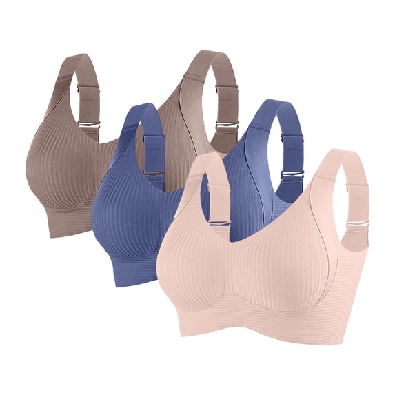 3-Pack Women's Wire-Free Sports Bras with Adjustable Wide Straps Stylish Solid & Striped High-Support Sports Bras, Size M-3XL