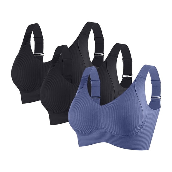 3-Pack Women's Wire-Free Sports Bras with Adjustable Wide Straps Stylish Solid & Striped High-Support Sports Bras, Size M-3XL