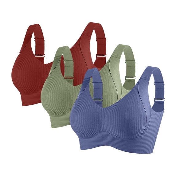 3-Pack Women's Wire-Free Sports Bras with Adjustable Wide Straps Stylish Solid & Striped High-Support Sports Bras, Size M-3XL