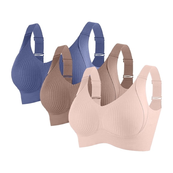 3-Pack Women's Wire-Free Sports Bras with Adjustable Wide Straps Stylish Solid & Striped High-Support Sports Bras, Size M-3XL