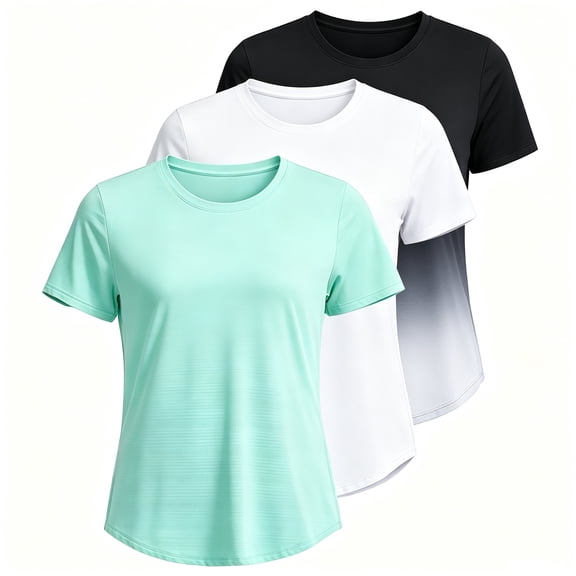 3 Pack Women's Workout Tops, Short Sleeve UPF 50 Rash Guard Athletic Shirts, Quick Dry for Yoga Gym Running L