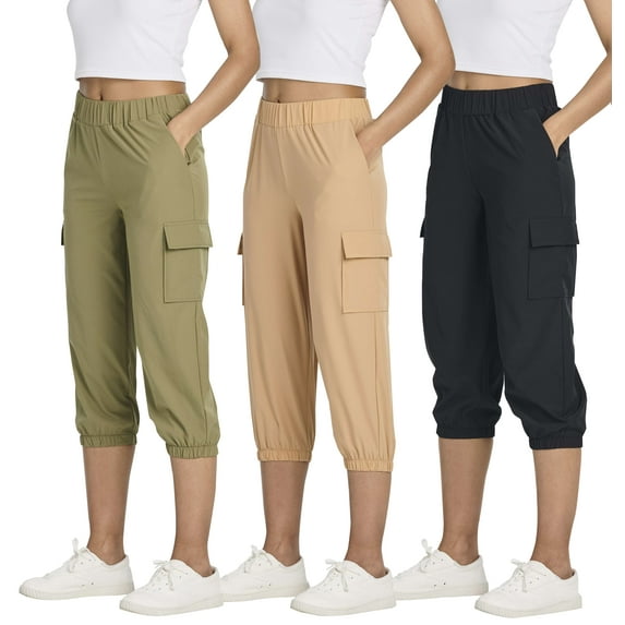 3 Pack:Women's Woven Cargo Capri Jogger Pants Tactical Hiking 5 Pockets Water Resistant Quick Dry Active Pockets Drawstring