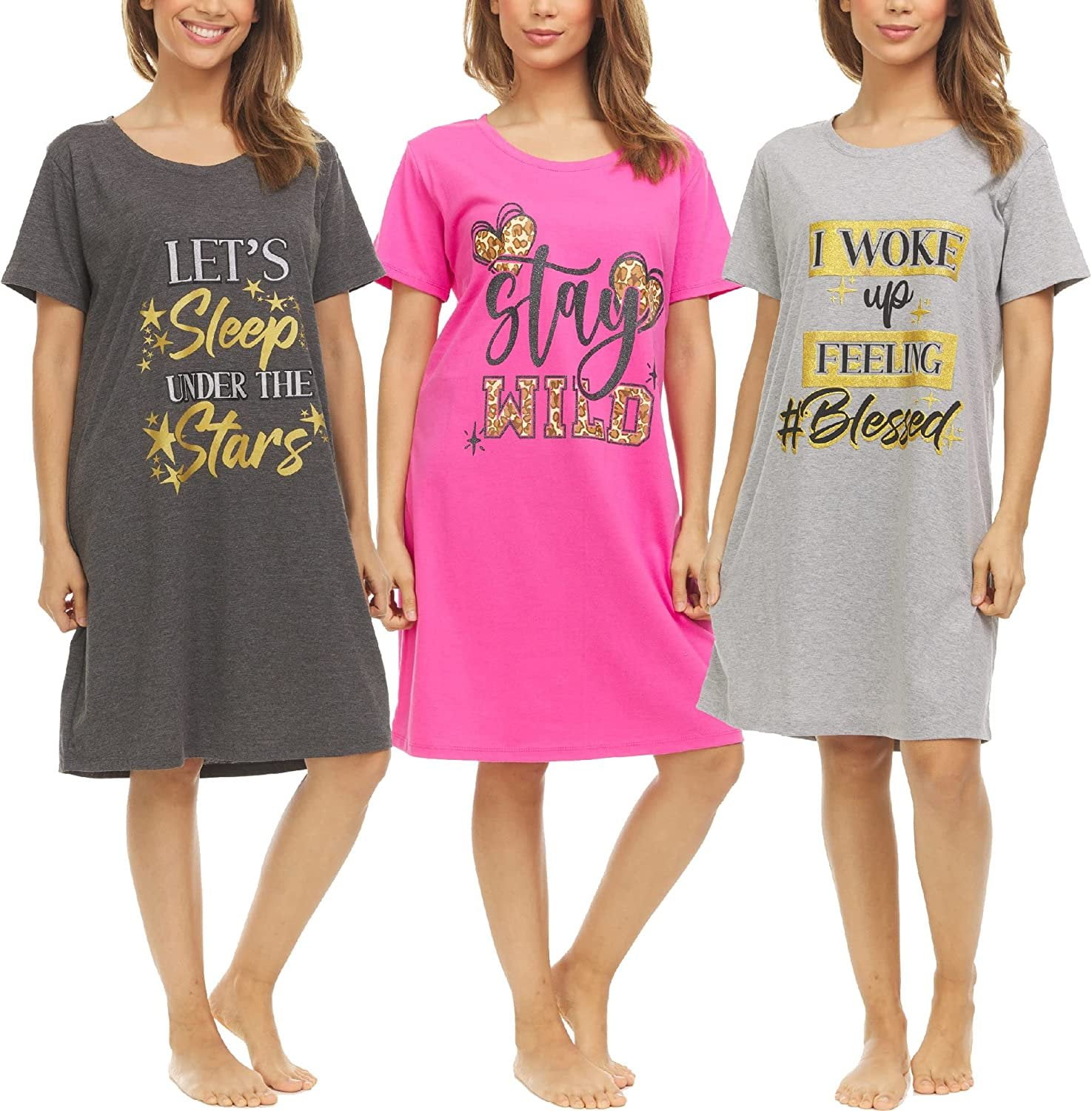 3 Pack: Womens 100% Cotton Sleep Shirt - Soft Printed Sleep Dress