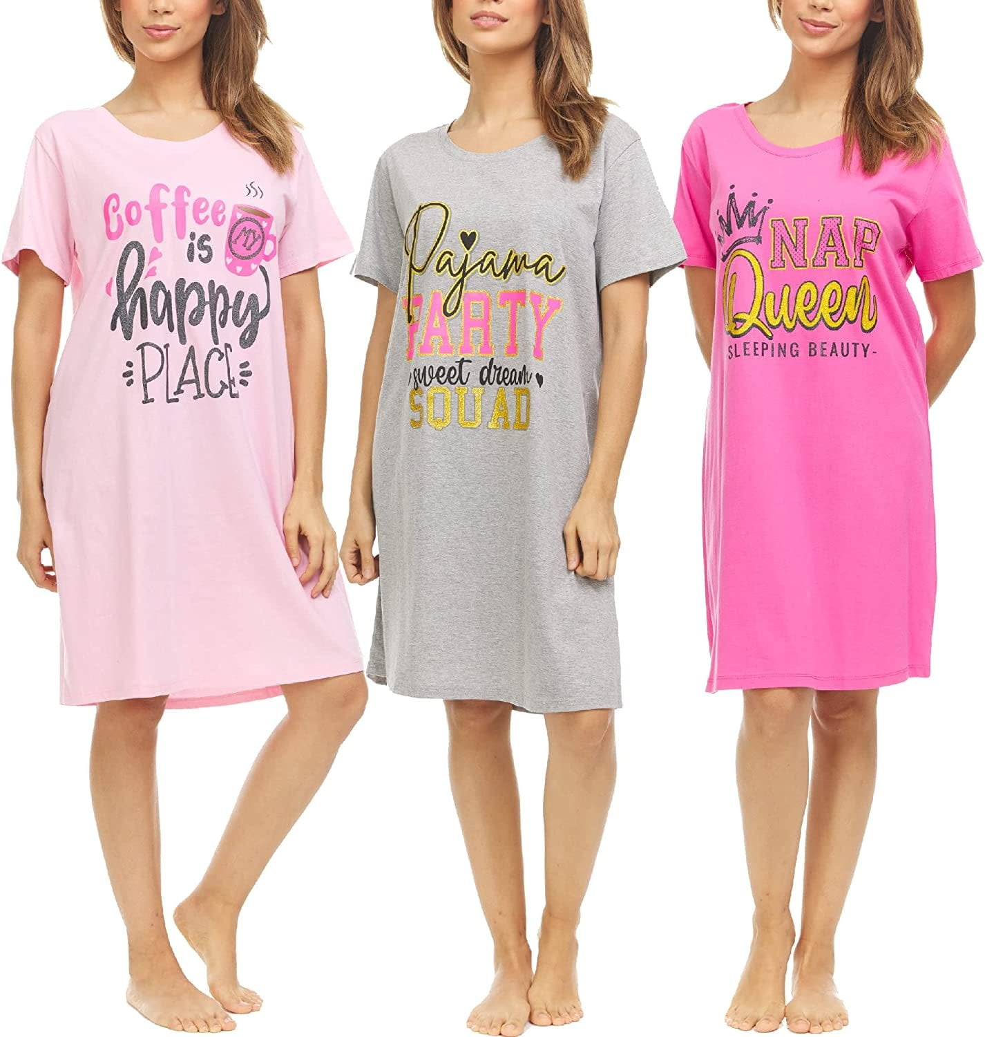 3 Pack: Womens 100% Cotton Sleep Shirt - Soft Printed Sleep Dress