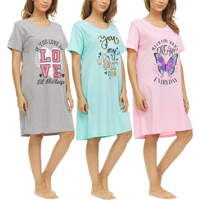 3 Pack Womens 100 Cotton Sleep Shirt Soft Printed Sleep Dress