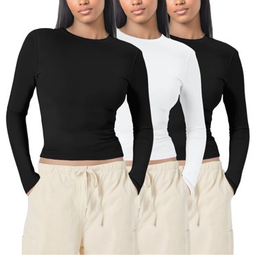 Women's Cotton Long Sleeve Shirts Crew Neck T