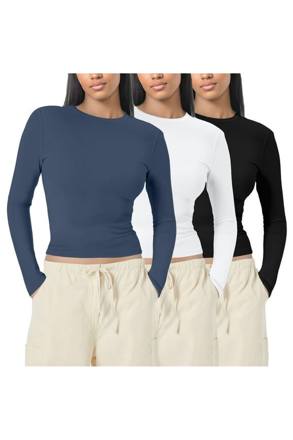 3 Pack Womens Basic Long Sleeve Crew Neck T Shirt Slim Fit Tees Summer 2025 Y2k Going Out Fitted Top Cute Tight Shirts Casual Loose Fit Basic Tees XS-XL