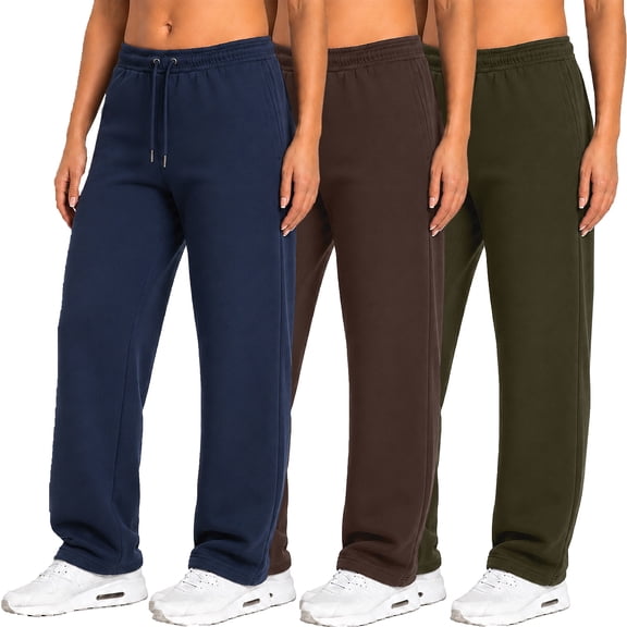 3-Pack Womens Fleece Lined Open Bottom Sweatpants With Pockets