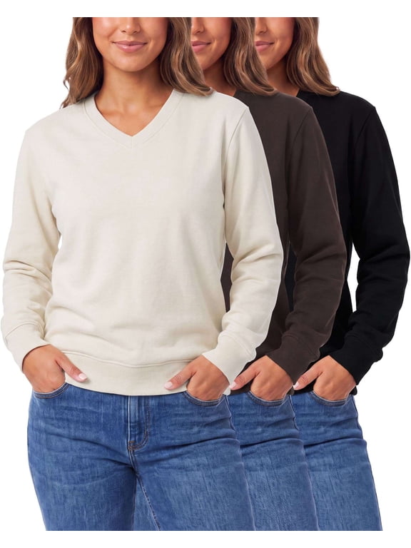 3 Pack Womens Fleece V Neck Sweatshirt Pullover Sweaters Long Sleeve Top