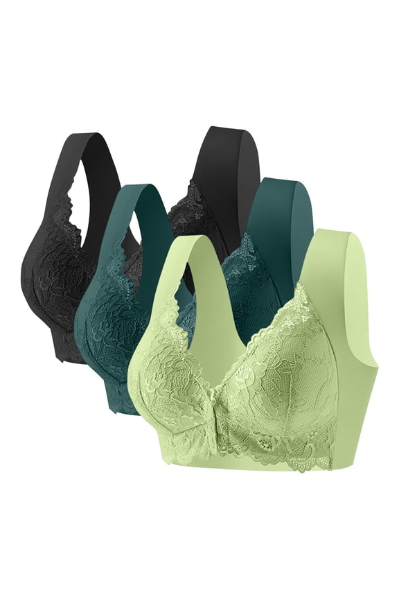 3 Pack Womens Front Closure Bras Plus Size Lace No Steel Thin No Underwire Push Up Support Multipack Bras (3XL, Green/Black/Mint Green)