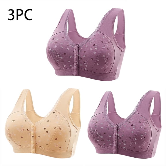 3 Pack Womens Front Closure Bras Plus Size M-7X Wireless Push Up Full-Coverage Underwear Casual Comfortable Multipack Support Bralettes