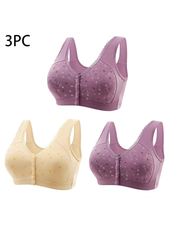 3 Pack Womens Front Closure Bras Plus Size M-7X Wireless Push Up Full-Coverage Underwear Casual Comfortable Multipack Support Bralettes