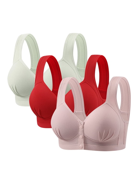 3 Pack Womens Front Closure Bras Thin Mesh Wireless Comfortable For Old Women Nursing Bras For Breastfeeding (M, Green/Red/Pink)