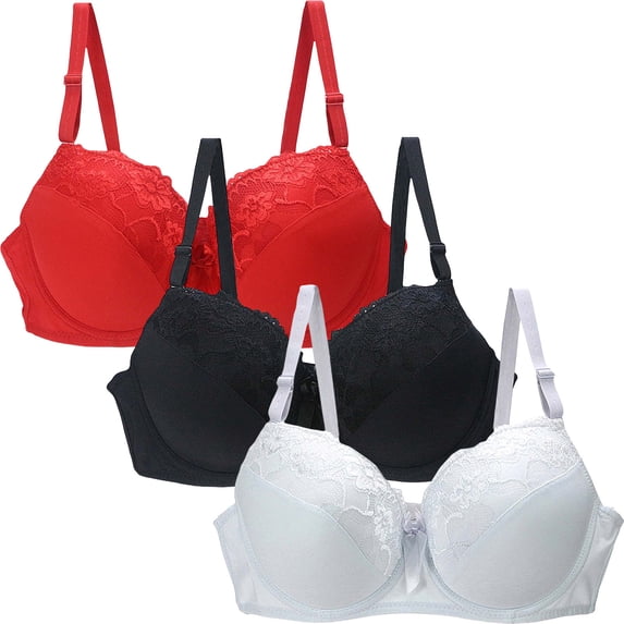 3 Pack Womens Full Coverage Bras Lace Wireless Push Up Bralettes Seamless Beauty Back C Cup Bras Underwear Multicolor, 42/95C