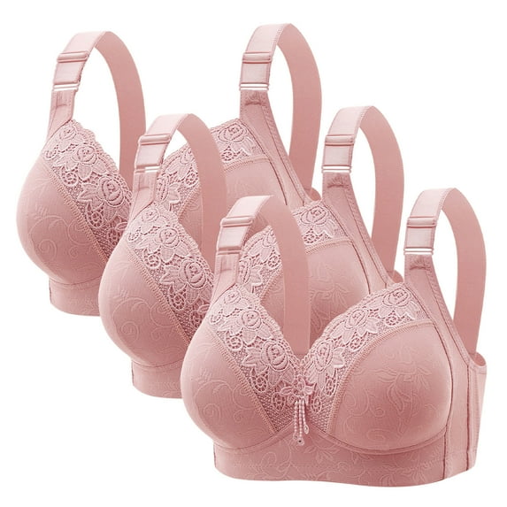 3 Pack Womens Lace Bras Plus Size No Underwire Support Full Coverage Up Comfortable Wireless Bras (M, Pink)