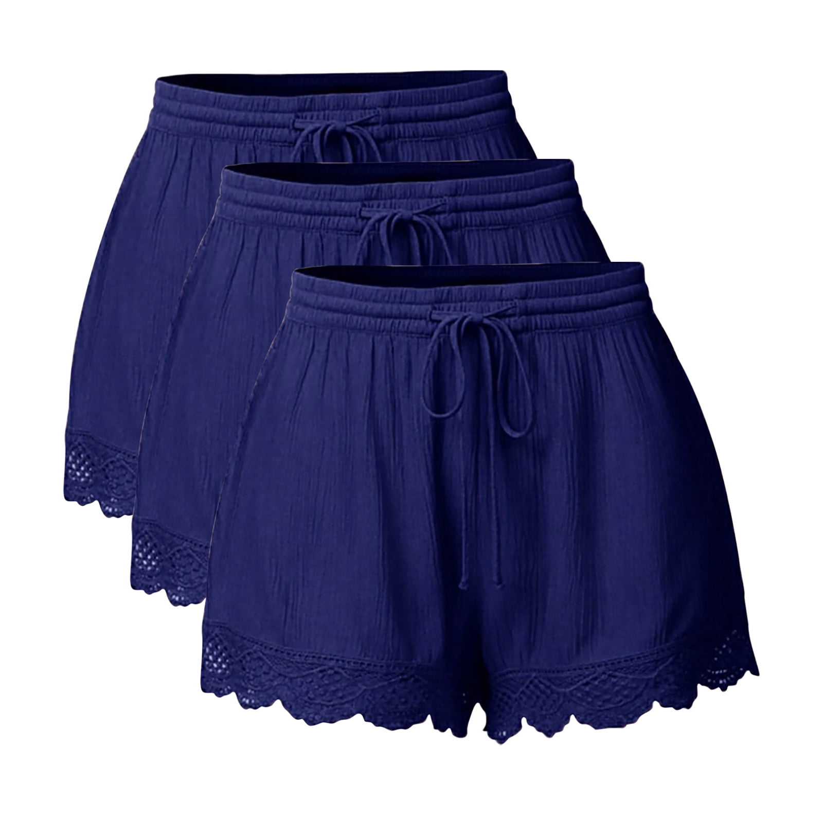 3 Pack Womens Lace Trim Shorts, Elastic Waist Drawstring Comfy Yoga