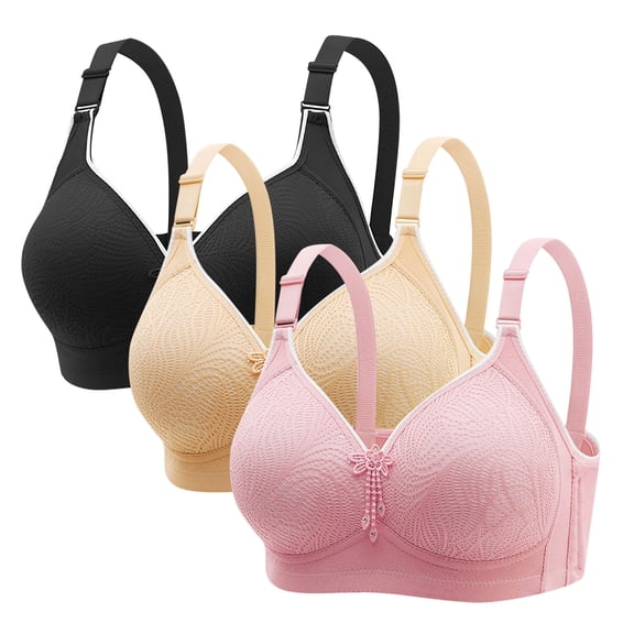 3 Pack Womens Minimizer Bras Large Bust Full Coverage Lace Plus Size Bralettes Wide Should Straps Breathable Bras (L, Black,Beige,Pink)
