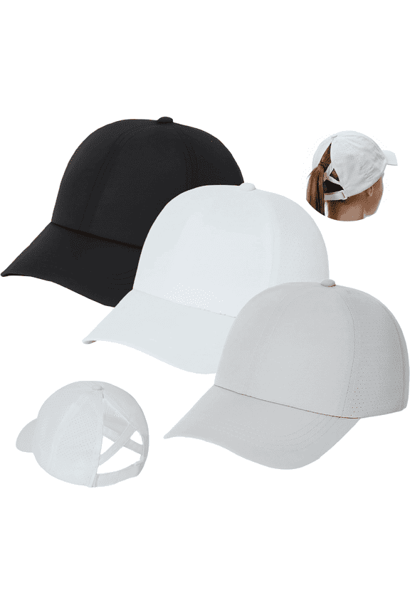 3 Pack Womens Ponytail Baseball Cap,Adjustable Criss Cross Sport Cap Quick Drying UV Protection Messy High Bun Sun Hats (Black + White + Light Grey)