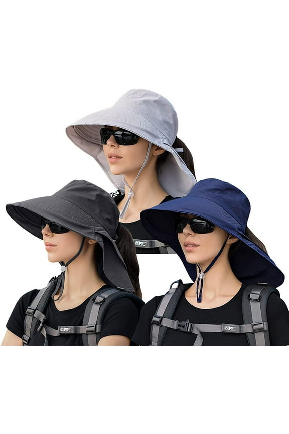 3 Pack Womens Ponytail Sun Hat with Neck Flap Wide Brim UV Protection Bucket Hat Summer Beach Fishing Hiking Garden UPF 50+