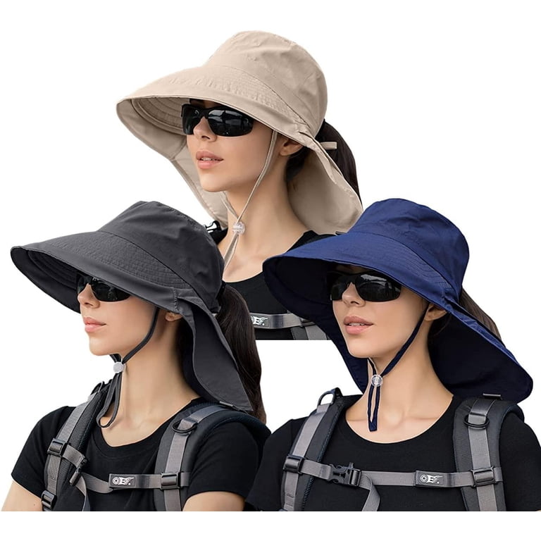 3 Pack Womens Ponytail Sun Hat with Neck Flap Wide Brim UV 