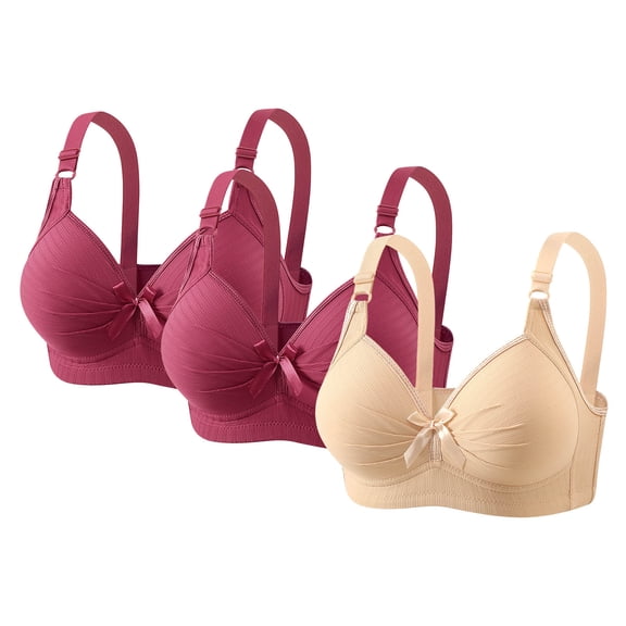 3 Pack Womens Push Up Bras Plus Size Light Lined Wire-Free Brassiere Bow Ruched Full Coverage Everyday Underwear, 40/90BC