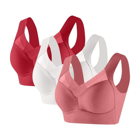3 Pack Womens Seamless Sports Bras No Underwire Mesh Breathable Full Coverage Support Yoga Running Bra (L, Red/White/Watermelon Red)