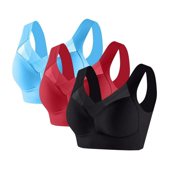 3 Pack Womens Seamless Sports Bras No Underwire Mesh Breathable Full Coverage Support Yoga Running Bra (L, Sky Blue/Red/Black)